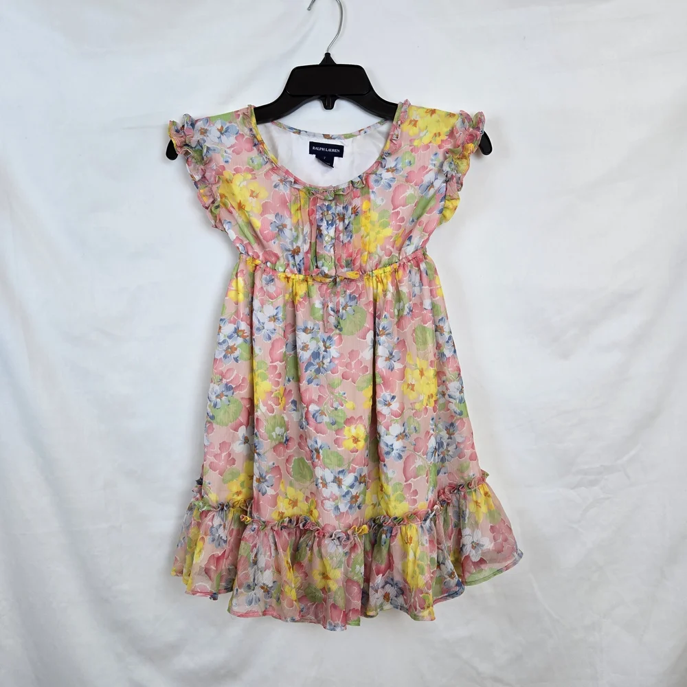 Ralph Lauren Girls Pink Yellow Floral Short Sleeve Ruffled Chiffon Dress Sz 7‎
